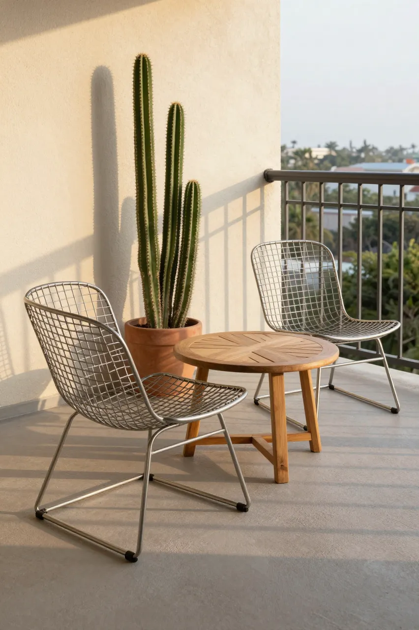 Mid-century balcony seating with wire chairs, teak table and potted cactus lit by warm golden hour light