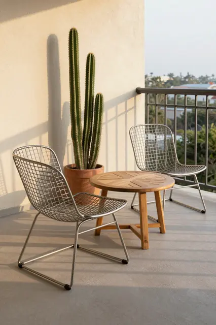 Mid-century balcony seating with wire chairs, teak table and potted cactus lit by warm golden hour light