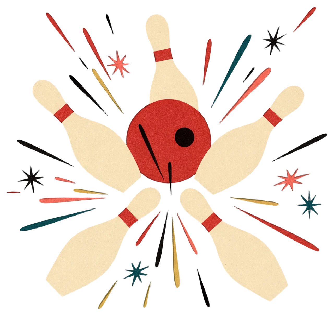 Red bowling ball striking five striped bowling pins with retro motion lines and starbursts