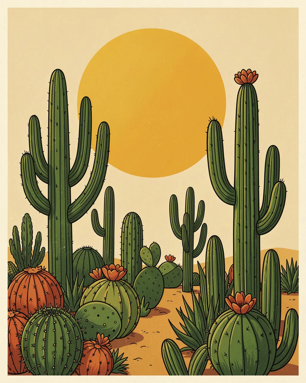 Retro illustrated desert cactus garden under a large round warm yellow sun
