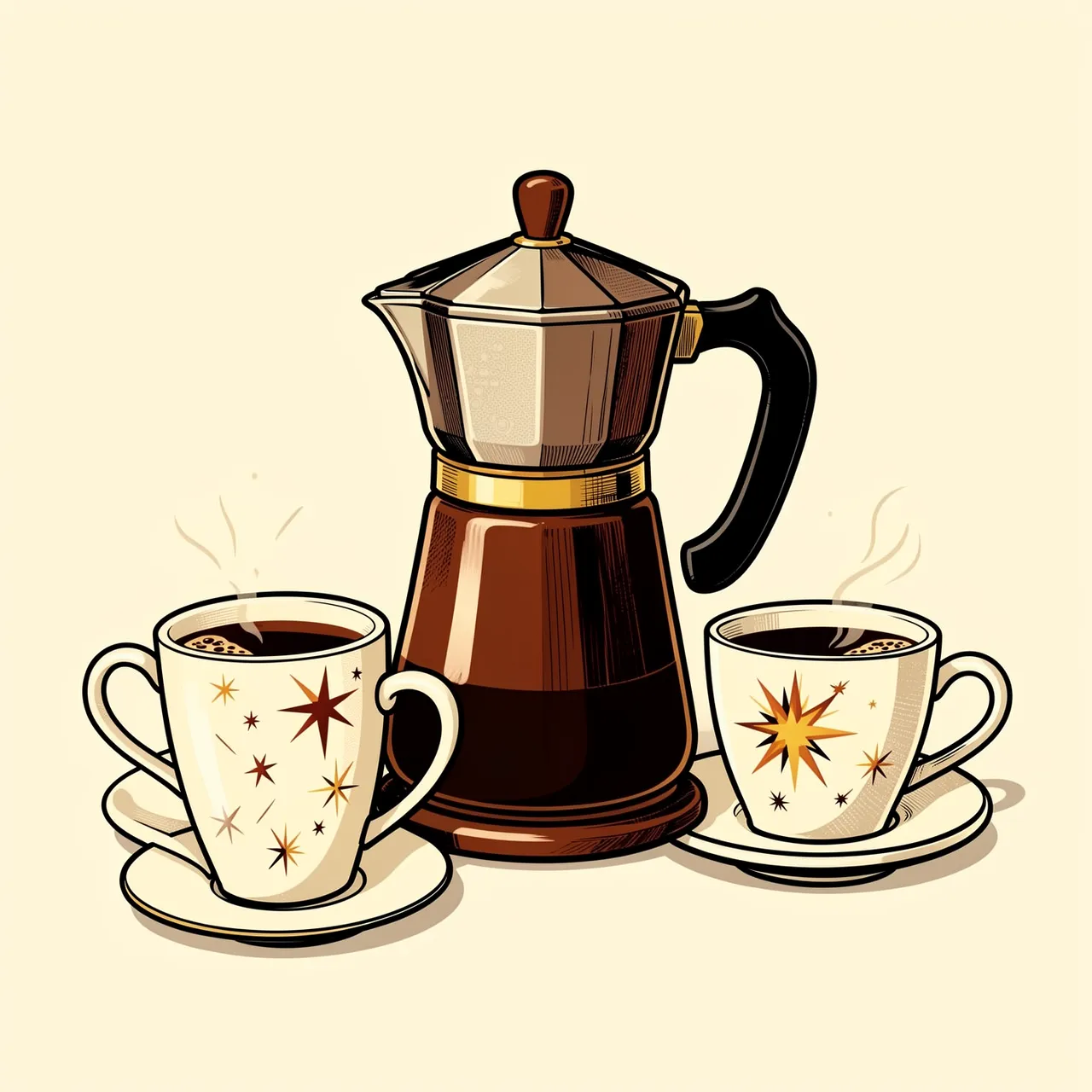 Retro illustrated stovetop coffee pot and two starburst patterned coffee cups on a cream background