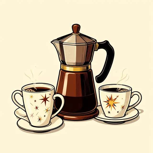 Retro illustrated stovetop coffee pot and two starburst patterned coffee cups on a cream background