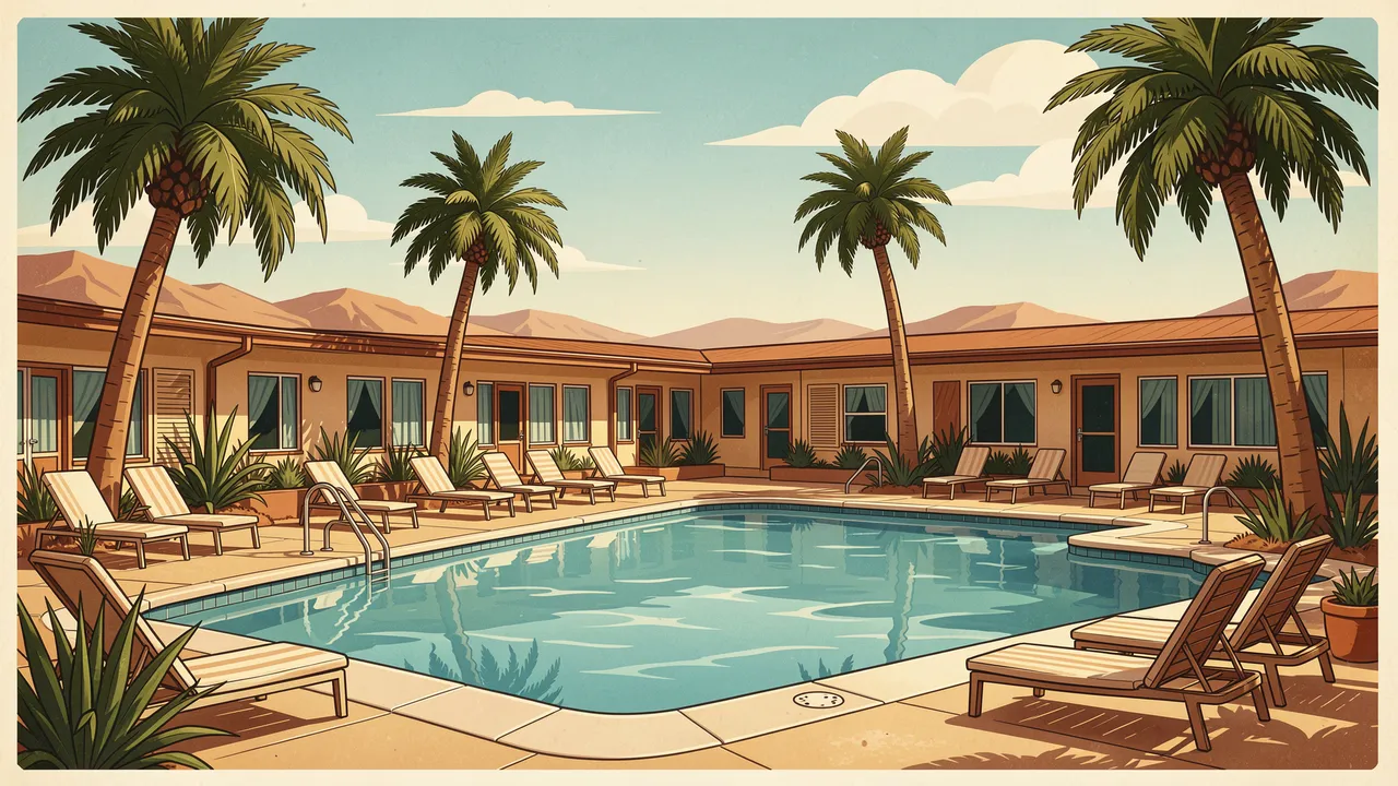 Vintage illustration of a quiet mid-century desert motel swimming pool lined with palm trees and lounge chairs