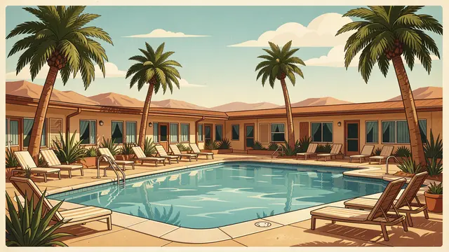 Vintage illustration of a quiet mid-century desert motel swimming pool lined with palm trees and lounge chairs
