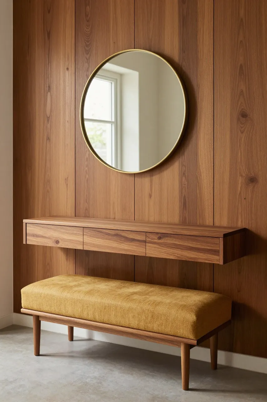 Mid-century entryway with wood paneling, floating teak console, round brass mirror and mustard upholstered bench
