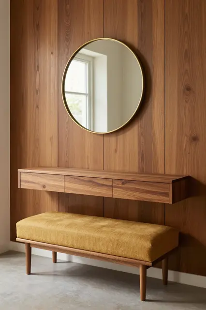Mid-century entryway with wood paneling, floating teak console, round brass mirror and mustard upholstered bench