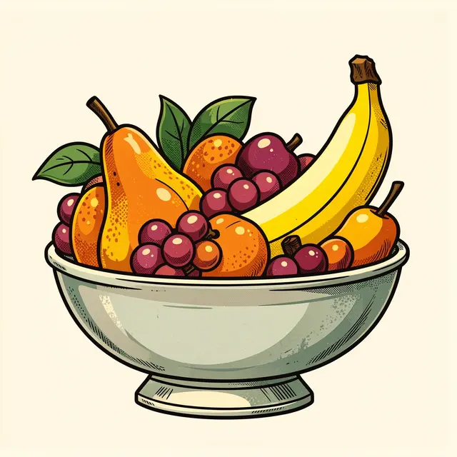 A stylized retro illustrated pedestal bowl filled with pears, grapes, a banana, oranges, and leaves against a plain cream