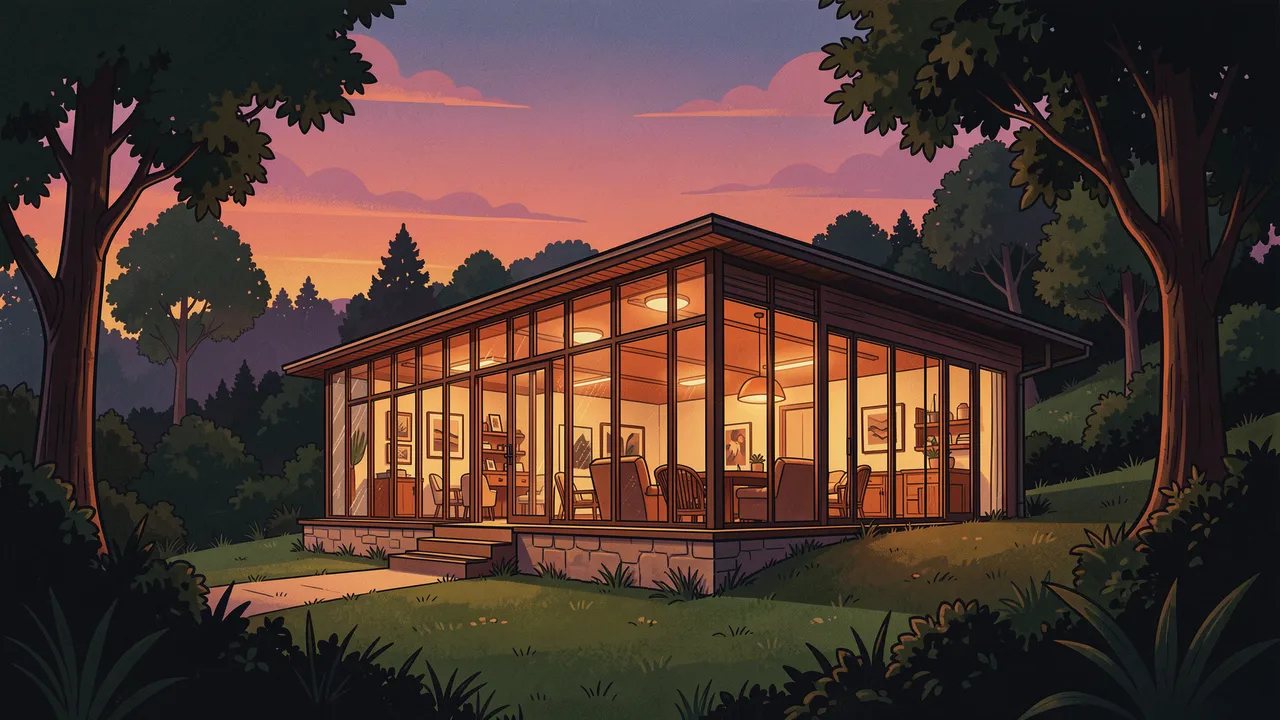 Warmly lit mid-century glass house sits on a wooded hillside at colorful sunset dusk