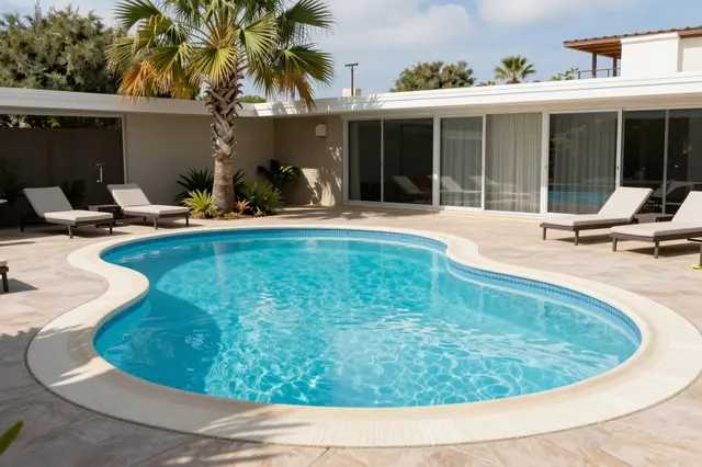 Sunlit kidney shaped swimming pool beside a mid century modern home with palm tree and patio loungers