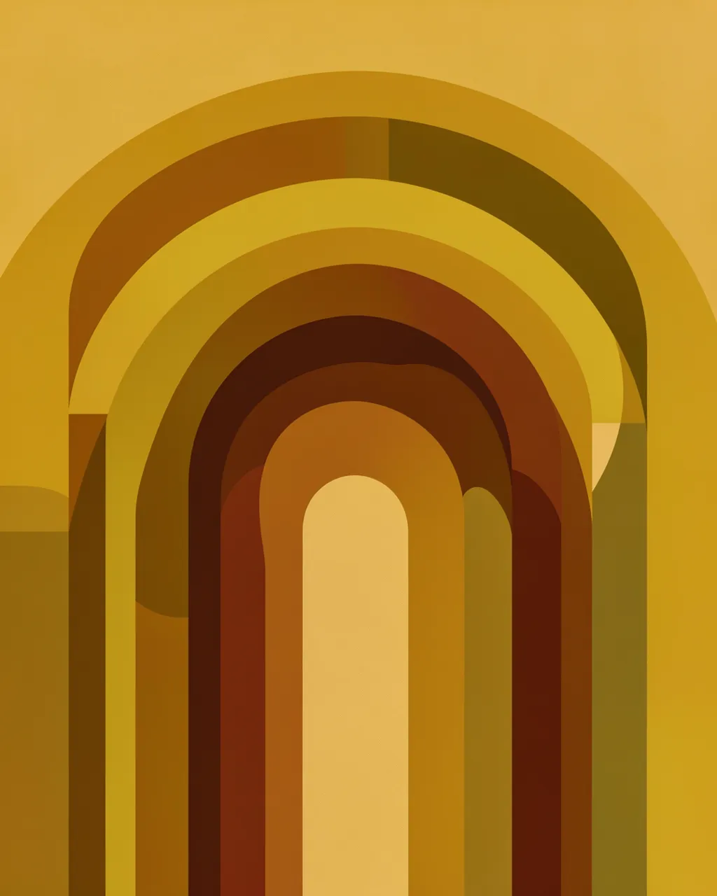 Geometric abstract art featuring nested layered arches in warm mustard, rust and olive tones
