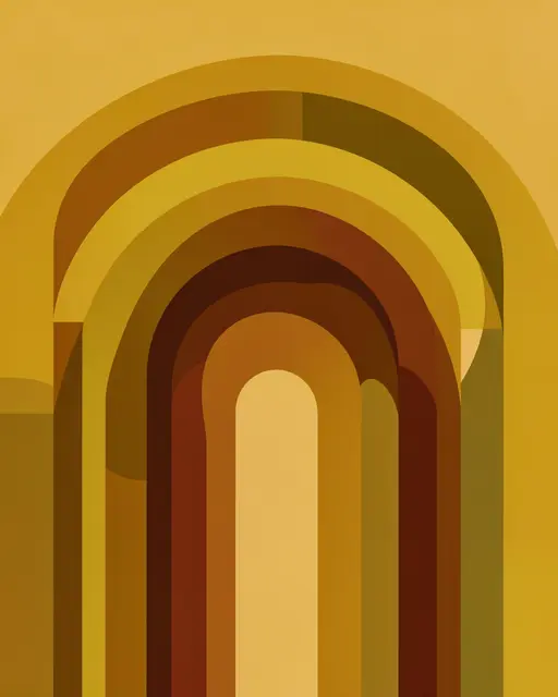 Geometric abstract art featuring nested layered arches in warm mustard, rust and olive tones