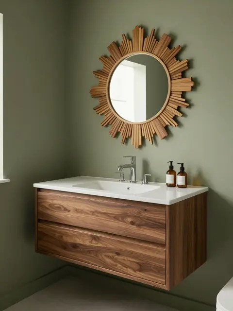 Floating walnut bathroom vanity with a sunburst mirror mounted above olive green walls