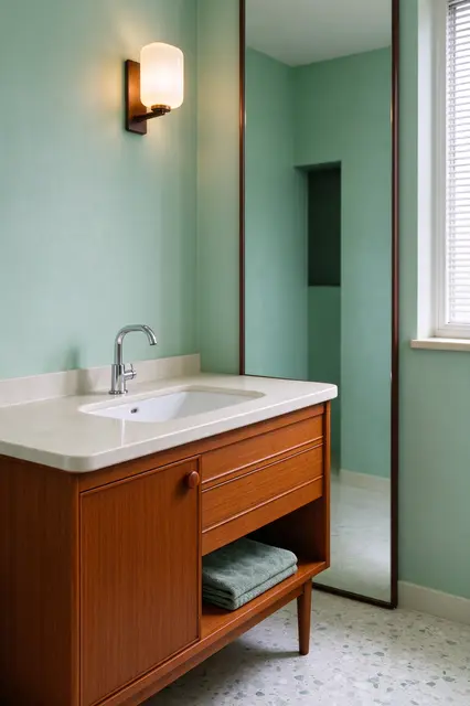 Teak mid-century bathroom vanity against mint green walls with an opal glass wall sconce and full length mirror