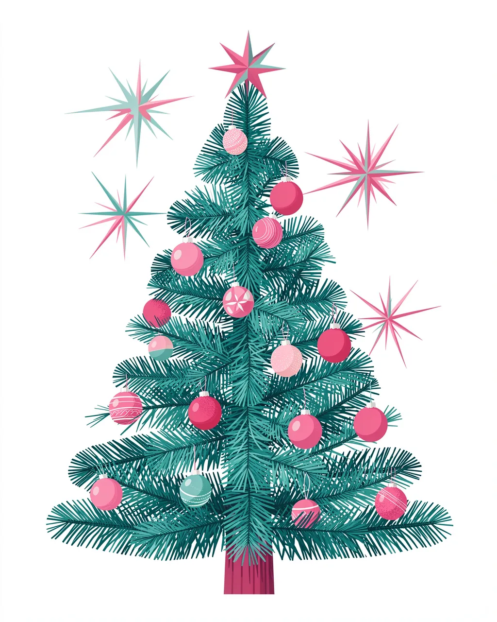 Retro teal Christmas tree decorated with pink baubles and starburst accents against a plain white background