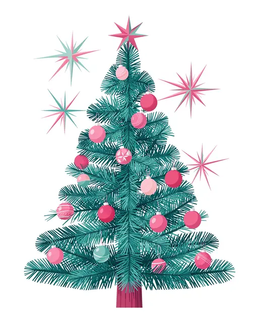 Retro teal Christmas tree decorated with pink baubles and starburst accents against a plain white background