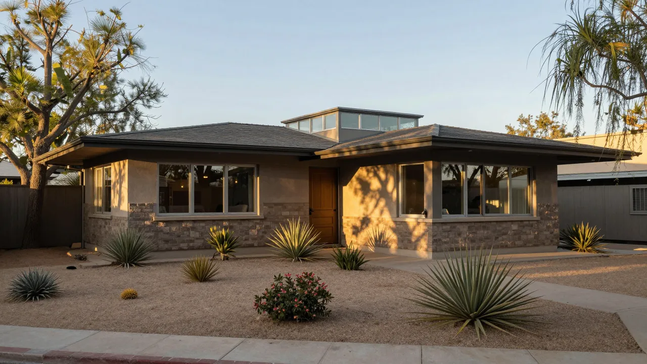 Single-story mid-century modern house lit by warm golden hour light with xeriscape desert front landscaping