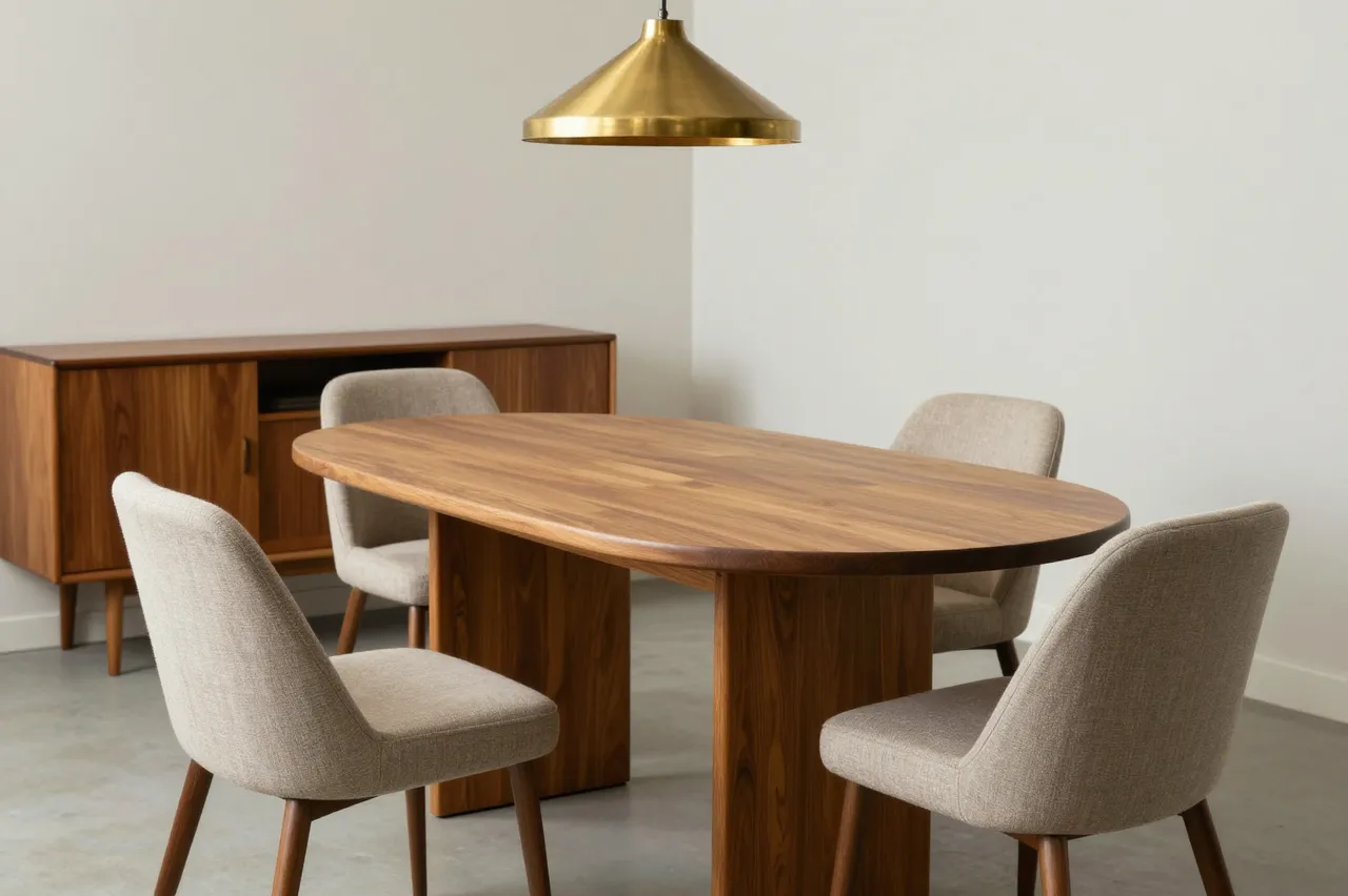 Minimal mid-century dining room with oval teak table, upholstered chairs, sideboard and brass pendant light