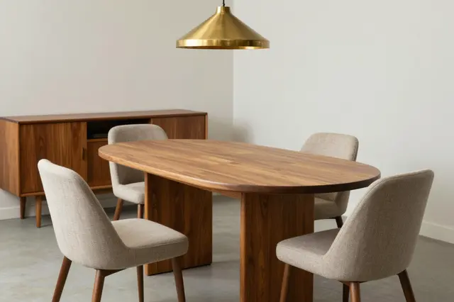 Minimal mid-century dining room with oval teak table, upholstered chairs, sideboard and brass pendant light