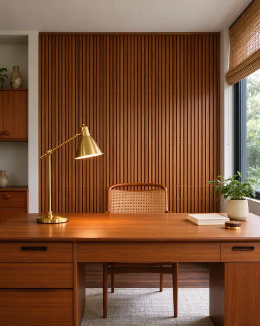 A tidy mid-century modern home office featuring a teak desk, brass lamp and cane back chair against wood slat walls.