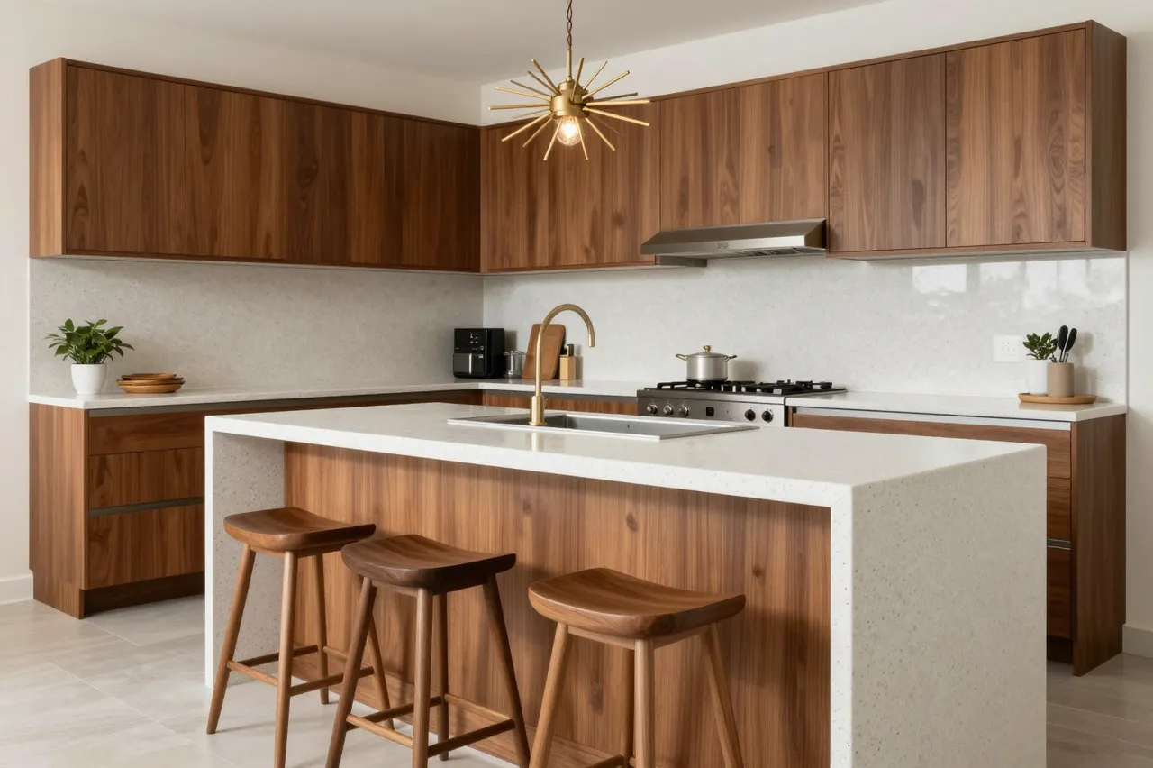 Bright mid-century modern kitchen with walnut cabinets, terrazzo island and starburst pendant light