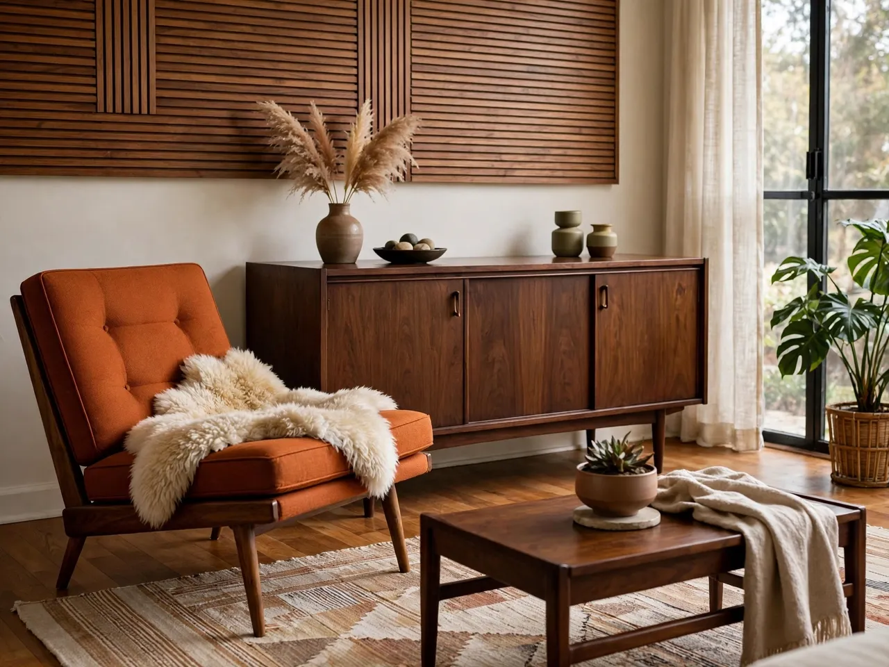 Sunlit mid-century modern living room with walnut credenza, burnt orange chair, and sheepskin throw.