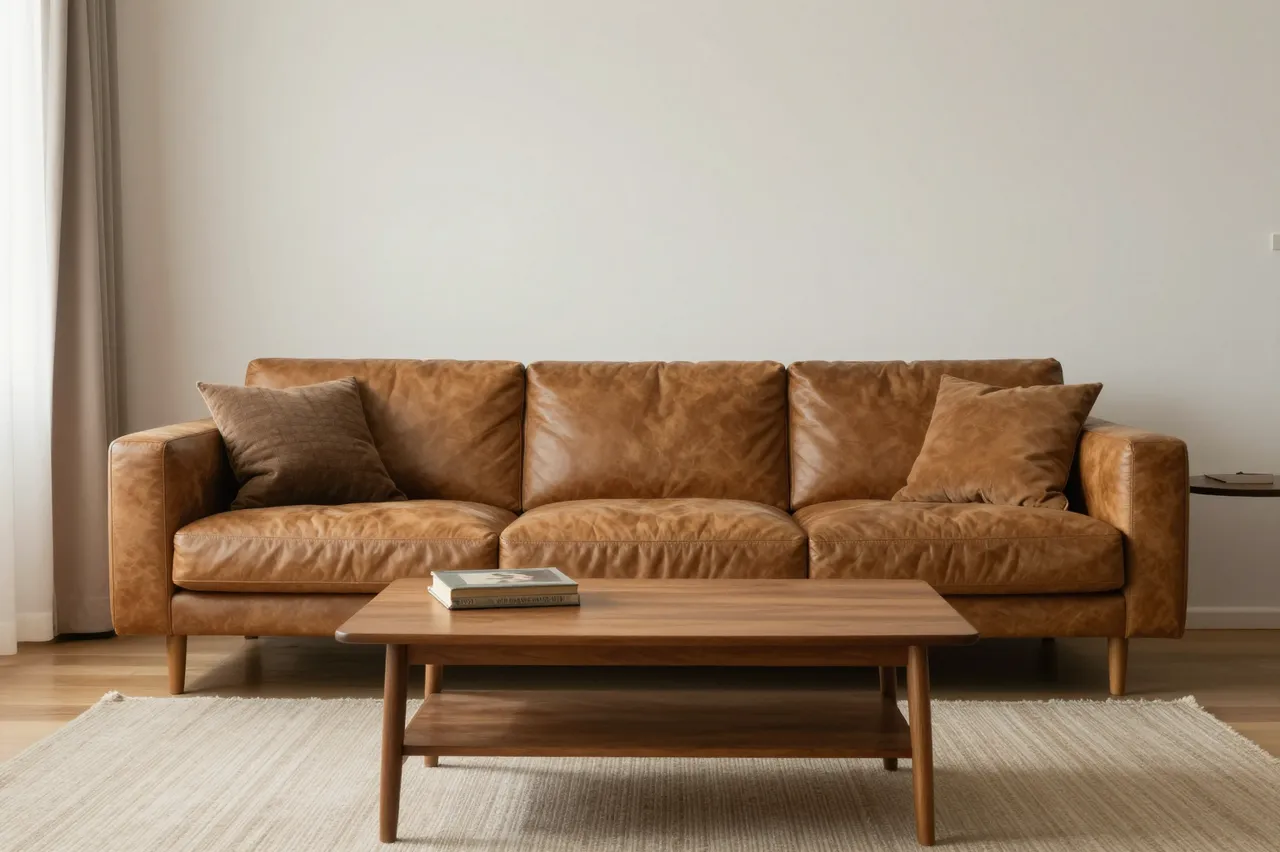 Warm toned mid-century living room with a tan leather sofa, wooden coffee table and woven area rug