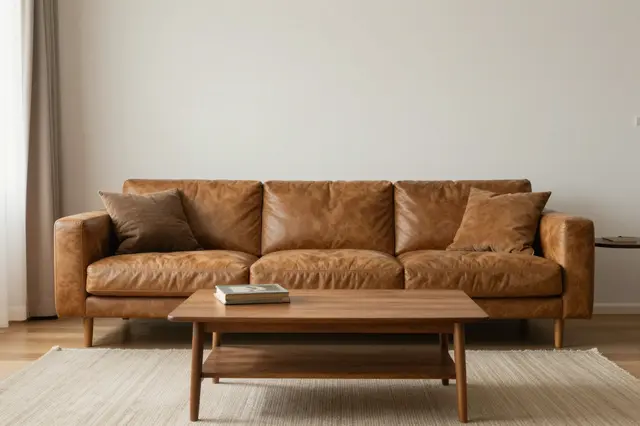 Warm toned mid-century living room with a tan leather sofa, wooden coffee table and woven area rug