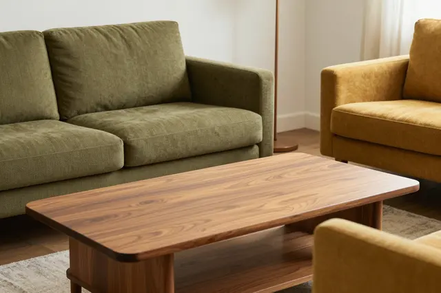 A mid-century living room features an olive sofa, teak coffee table and mustard armchairs arranged on a woven area rug.