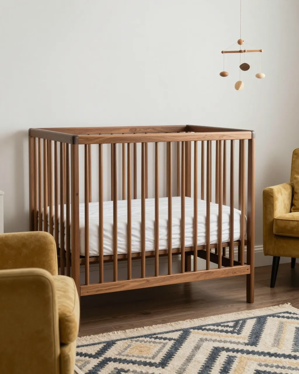 Walnut spindle crib sits between mustard armchairs with a geometric rug and wooden mobile in a neutral nursery