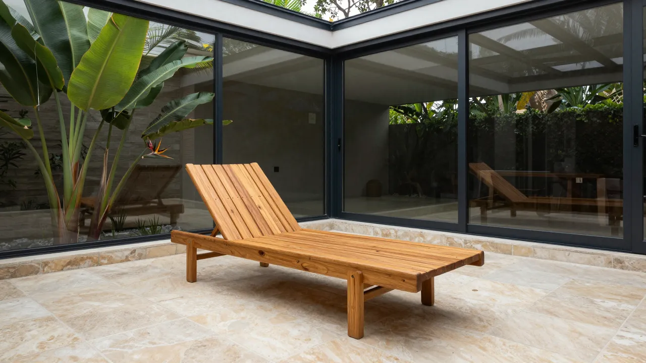 Wooden lounge chair sits on a stone tiled floor beside a bird of paradise plant in a glass enclosed sunroom