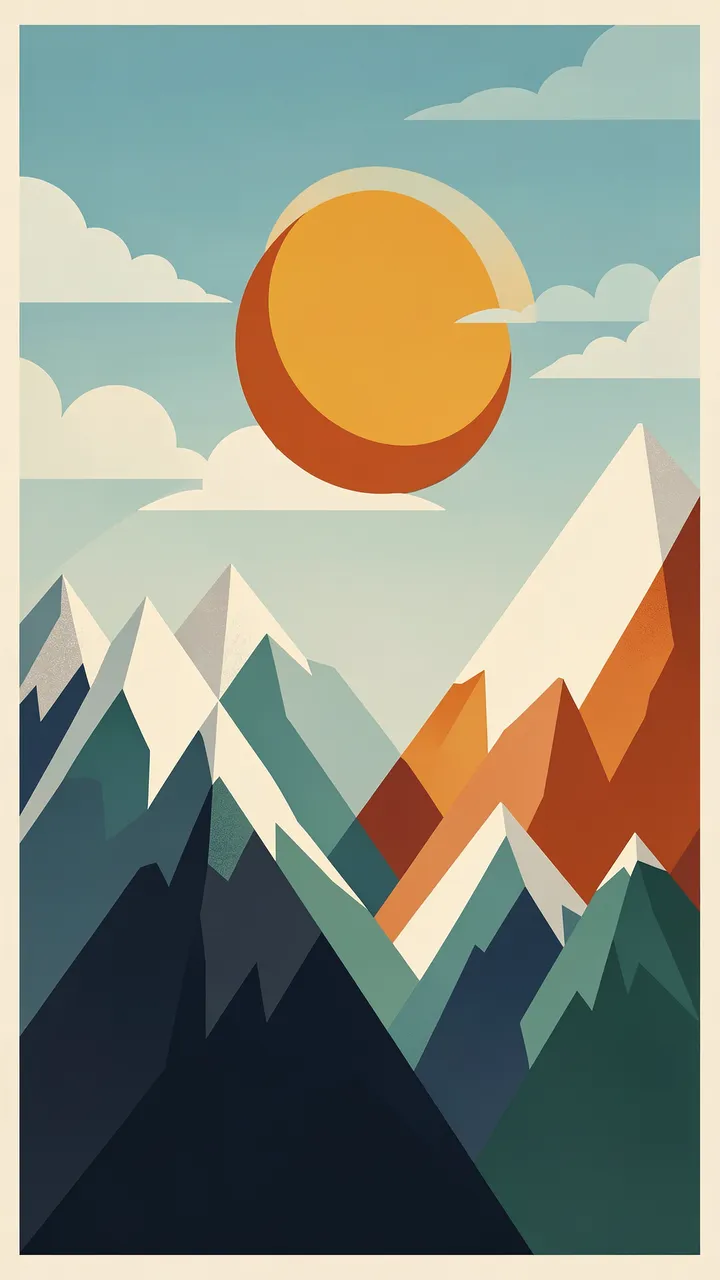 Stylized geometric mid-century illustration of layered mountain peaks beneath a large sun and scattered clouds
