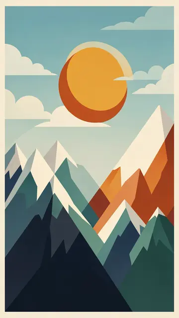 Stylized geometric mid-century illustration of layered mountain peaks beneath a large sun and scattered clouds