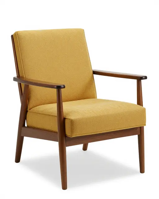 A wooden mid-century armchair with mustard upholstery sits against a plain white studio background
