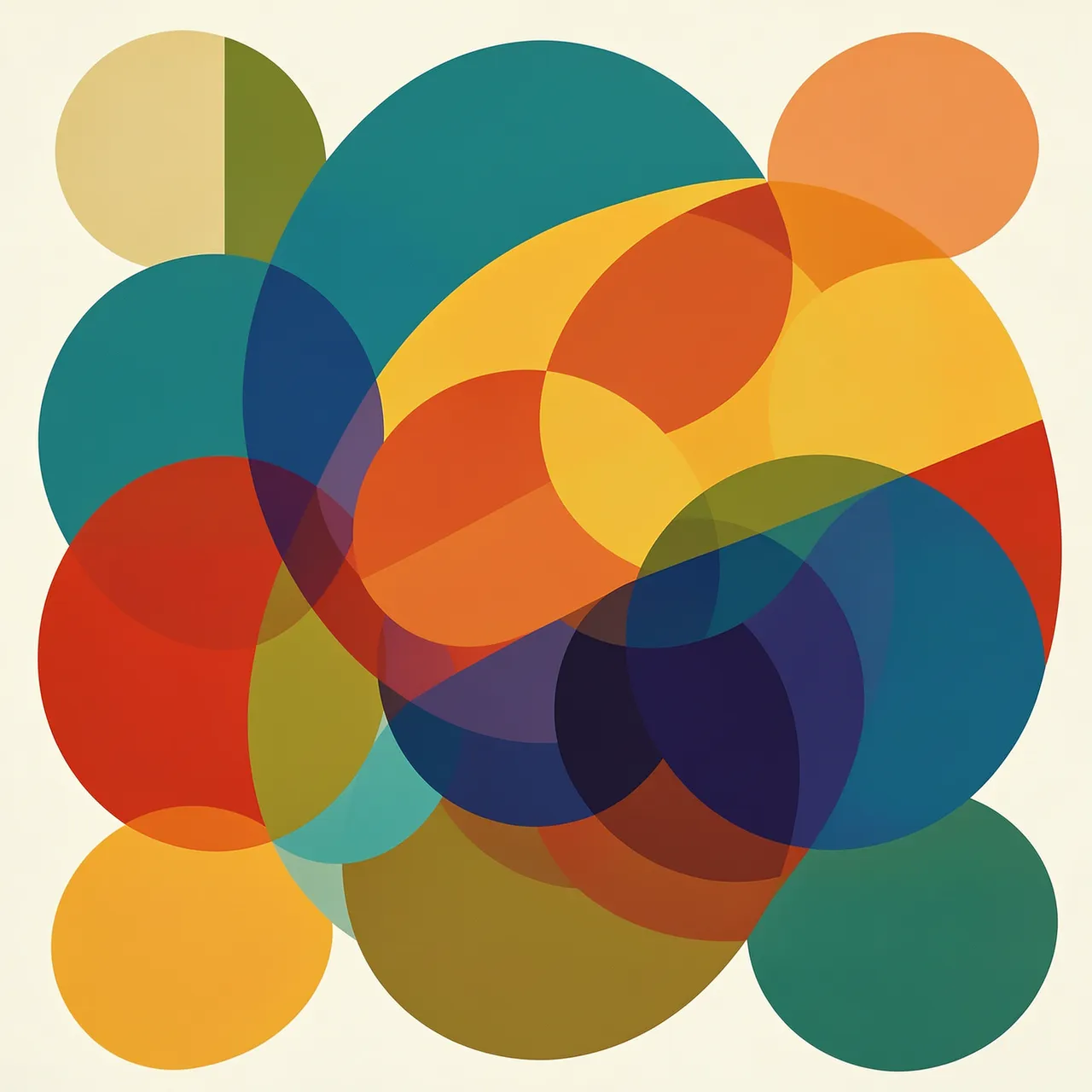 Overlapping translucent geometric circles in warm retro mid-century modern hues on an off-white background