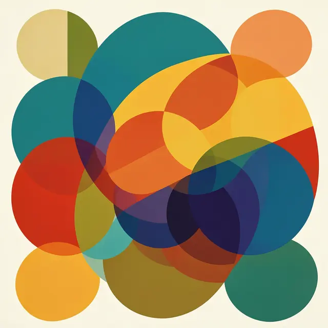 Overlapping translucent geometric circles in warm retro mid-century modern hues on an off-white background
