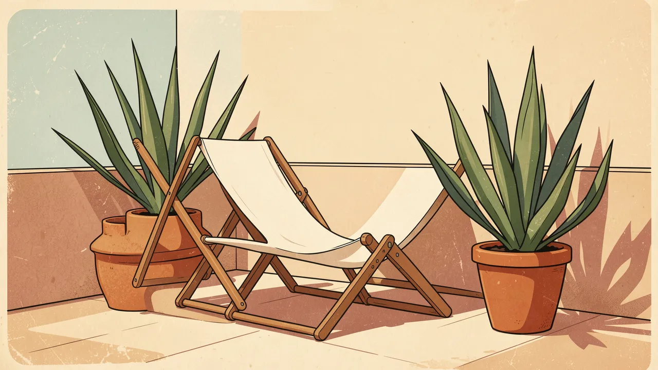 Retro illustrated sunny patio with a canvas sling chair, potted agave plants and a low plaster wall