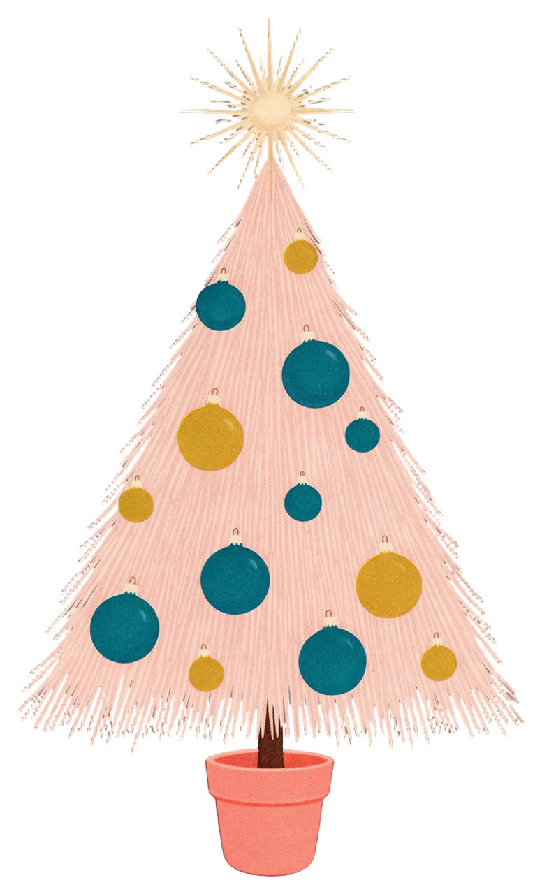 Vintage illustration of a pale pink tinsel Christmas tree with teal and mustard baubles and an atomic starburst topper in a