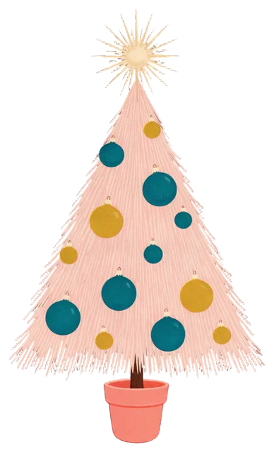 Vintage illustration of a pale pink tinsel Christmas tree with teal and mustard baubles and an atomic starburst topper in a