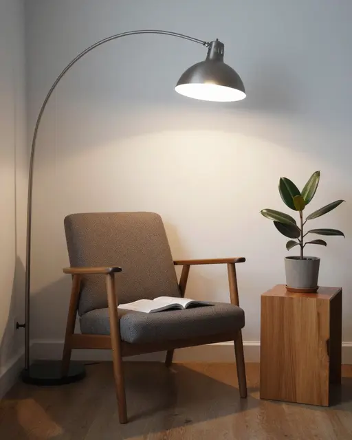 A cozy mid-century reading nook with a wooden armchair, arc floor lamp, teak side table and potted rubber plant.