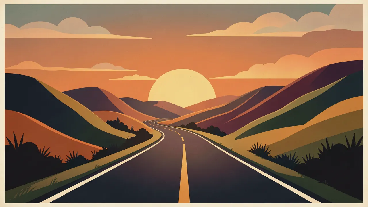 Stylized retro illustration of a winding road through hills under a setting sun