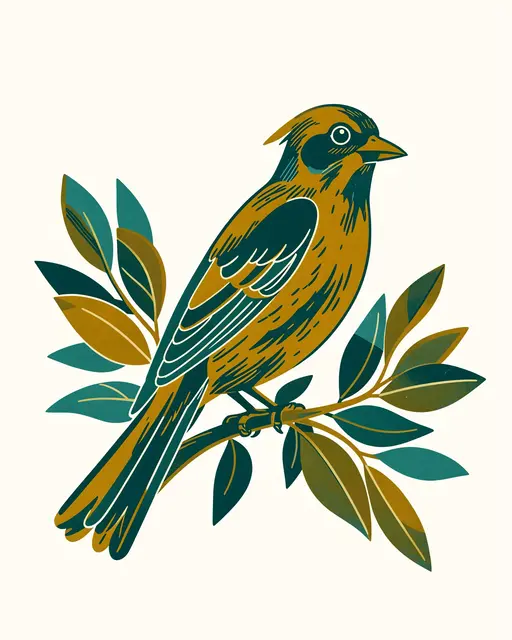 A stylized retro bird perched on a leafy branch in teal and mustard tones against an off-white background