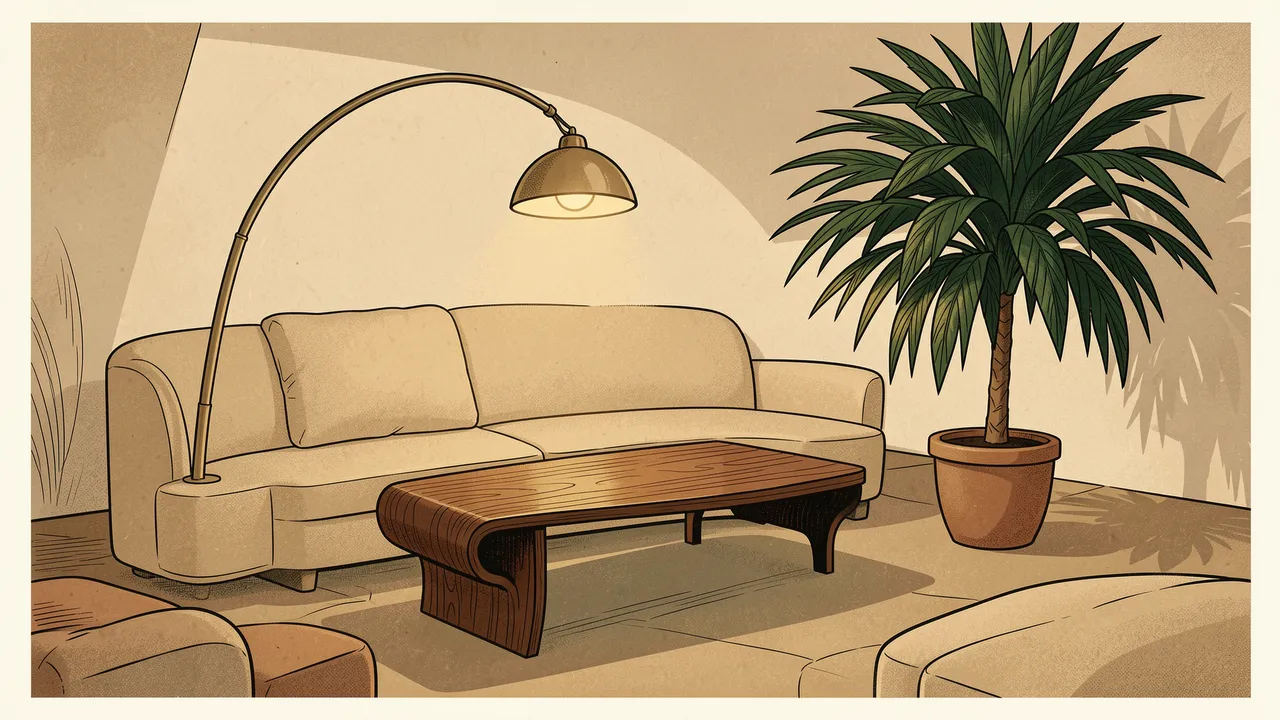 Retro illustrated mid-century sunken living room with curved sofa, wooden coffee table, arc lamp and potted palm