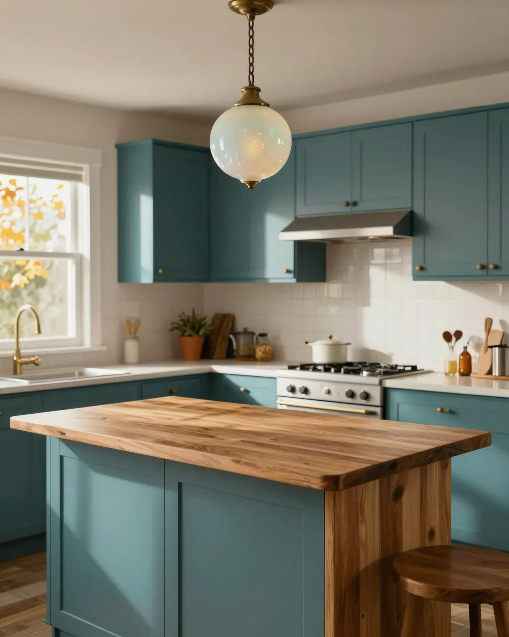 Sunlit mid-century kitchen with teal cabinetry, wood island and opal glass pendant light
