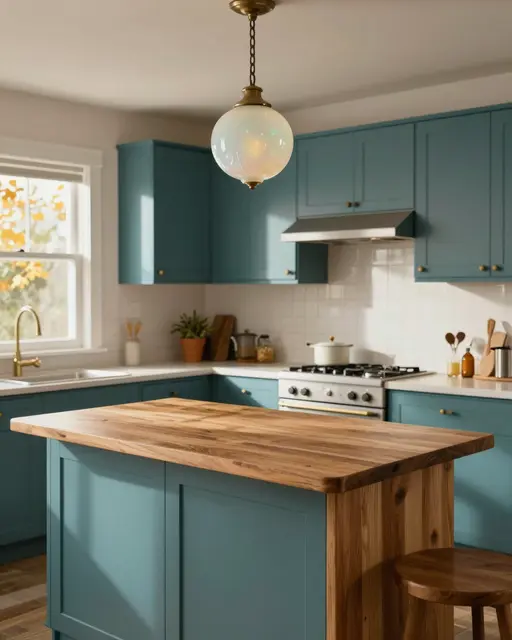 Sunlit mid-century kitchen with teal cabinetry, wood island and opal glass pendant light