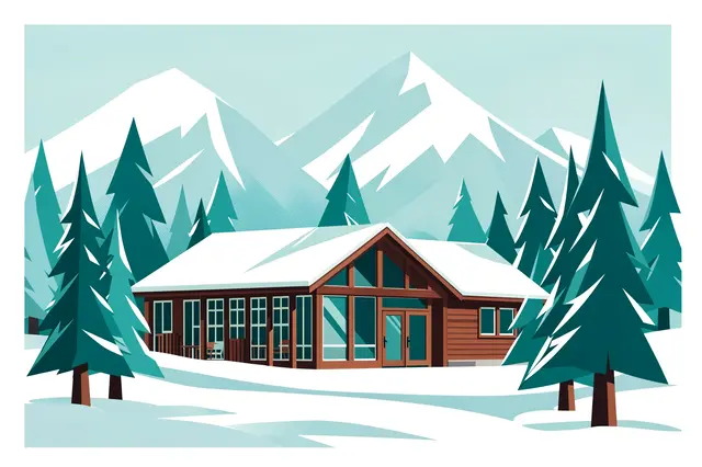 Stylized mid-century illustration of a snowy wooden mountain lodge surrounded by teal pine trees and snow-capped peaks