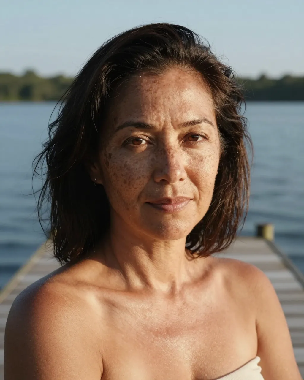 Portrait of a mixed-race woman in her fifties with freckles sitting on a wooden lake dock in warm late afternoon summer light