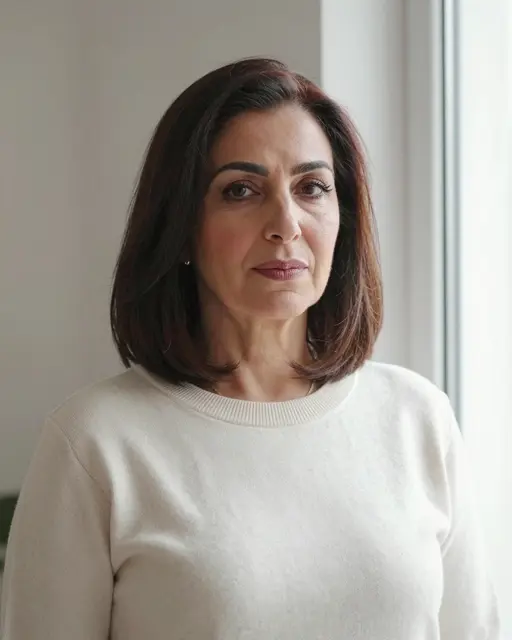 Portrait of a woman in her forties with a soft lob haircut wearing a cream sweater lit by window light