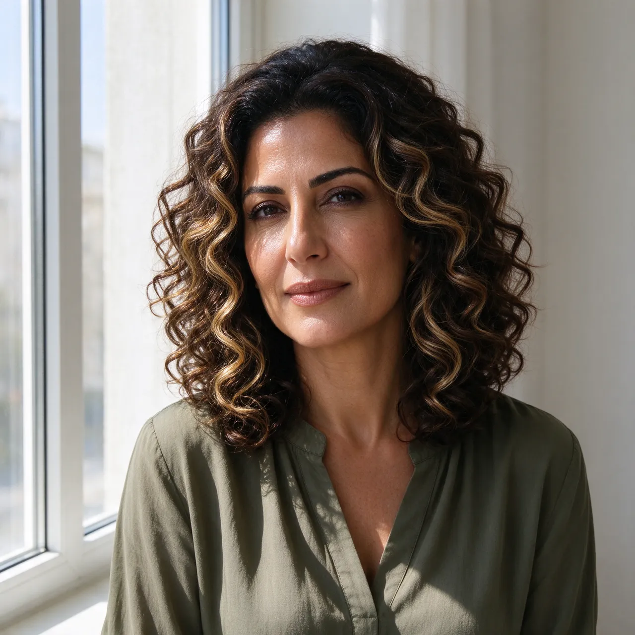 Portrait of a woman in her forties with golden balayage curls standing beside a sunny window in an olive blouse.