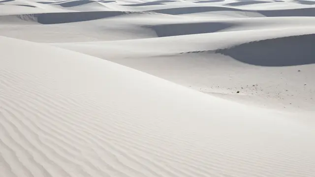 Rolling white sand dunes show soft wind ripples and crisp shadows at bright midday