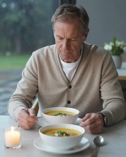 Older man in a beige cardigan sits at a candlelit table with two bowls of soup on a rainy day
